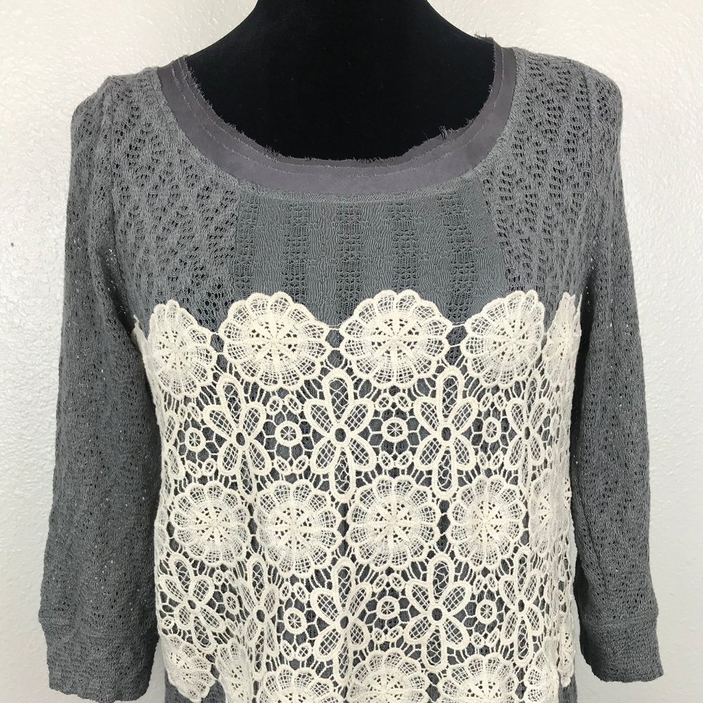 Meadow Rue Anthropologie Grey W/Cream Lace Blouse